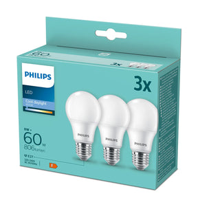 Philips førte E27 60W ækvivalent, 8w, 806 lumen, koldt hvidt lys 6500k - 3 pakke