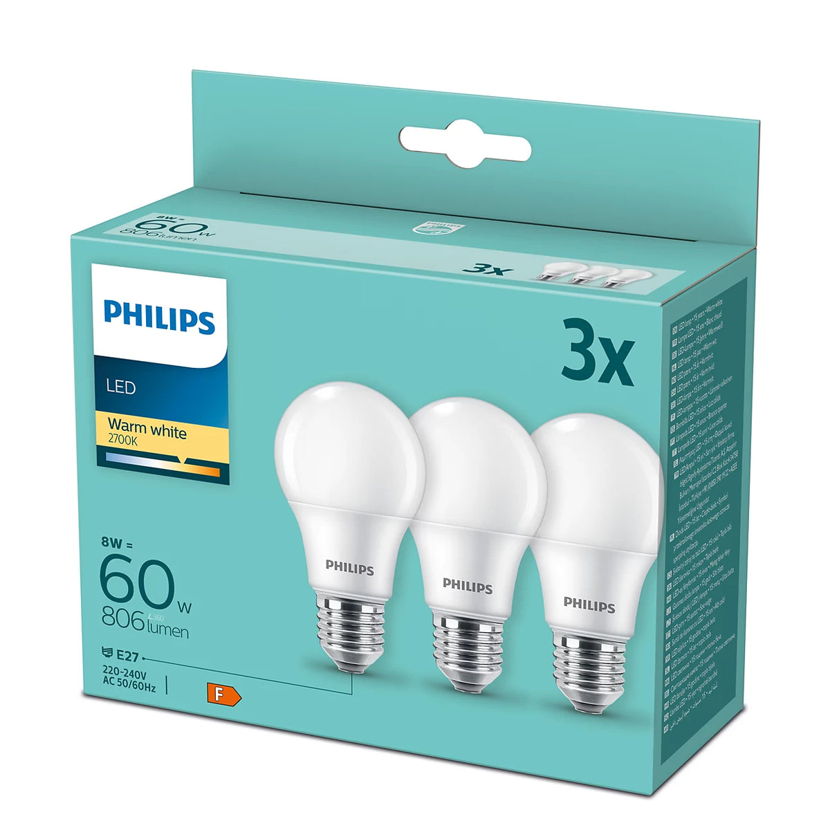 Η Philips οδήγησε E27 60W, 8W, 806 Lumen, Hot White Light 2700K - 3 τεμάχια