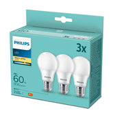 Philips førte E27 60W, 8W, 806 Lumen, Hot White Light 2700K - 3 stykker