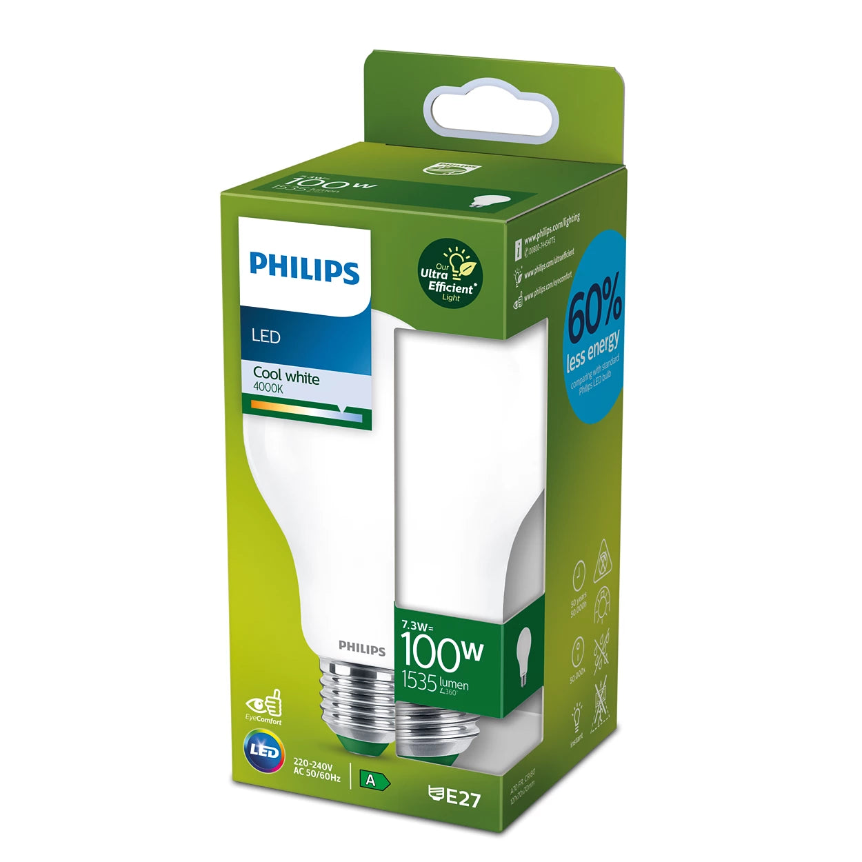 Philips LED E27 100W Äquivalent, 7,3W, 1535 Lumen, kaltes weißes Licht 4000k