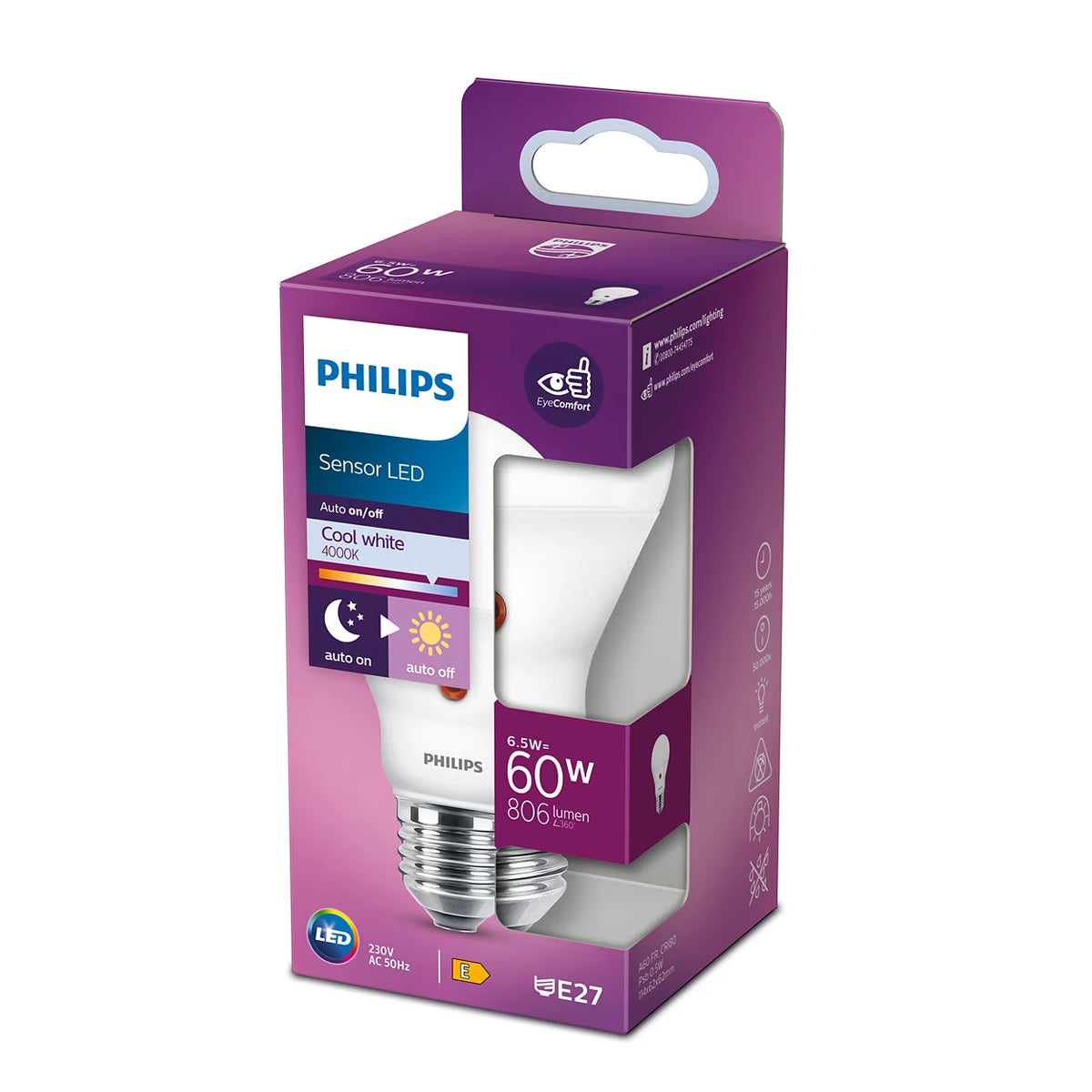 Philips førte Geccia -pære med skumringssensor, 6,5W = 60W E27 4000K, hvidt lys