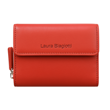 Portafoglio rosso in pelle per donna Laura Biagiotti, stile compatto con finiture cucite e logo inciso

