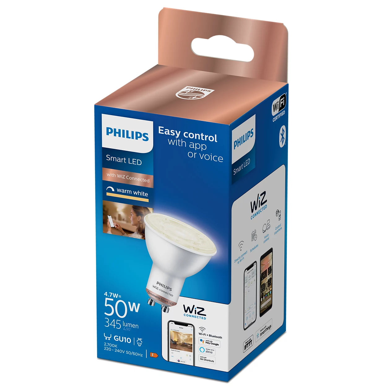 „Philips“ vedė intelektualią lemputę Dimmerble White Light Light Attack Gu10 4.7 = 50W