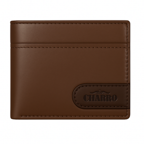 Portafoglio CHARRO da uomo in vera pelle marrone, modello classico con cuciture tono su tono e logo inciso, ideale per carte e contanti.


