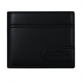 Portafoglio da uomo CHARRO in pelle nera liscia, design minimal ed elegante con logo inciso e cuciture sottili, perfetto per uso quotidiano.

