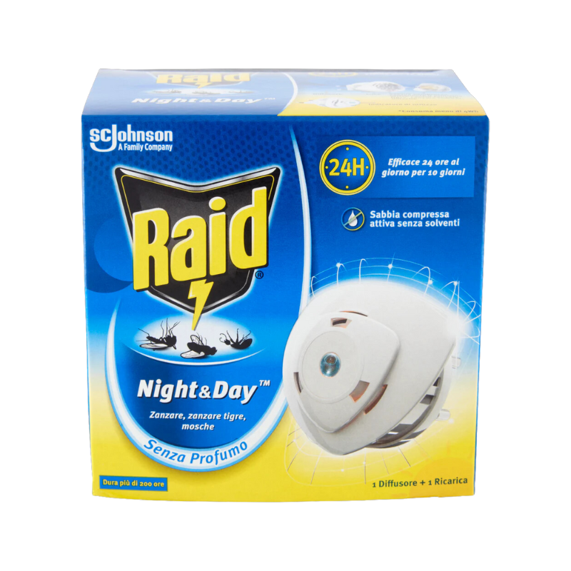 Raid Night &amp; Day Mosquito Killer Base 1 Diffuseur Electrique + 1 Recharge