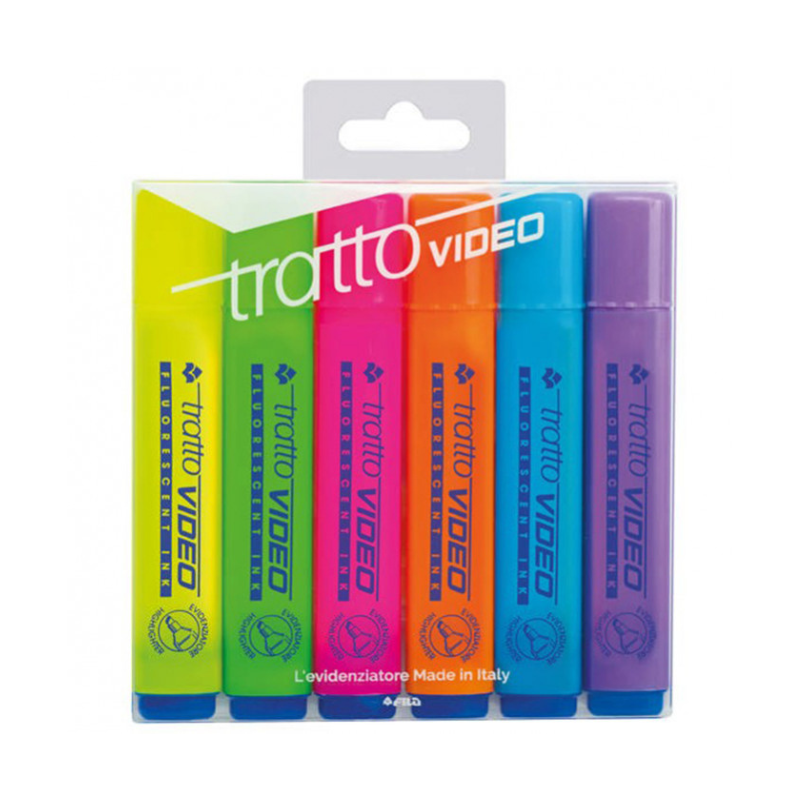 Video -sectie - Pack markeerstift 6 stuks - diverse kleuren: geel, groen, oranje, fuchsia, zonsopgang, blauw en lila
