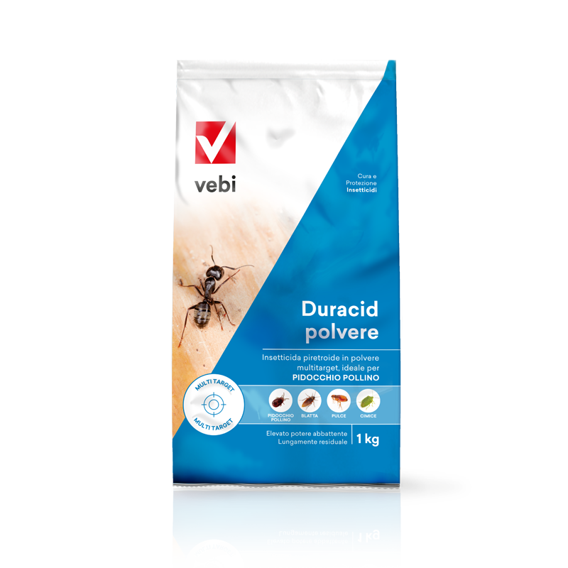 Insetticida in polvere Duracid Vebi 1 kg, efficace contro formiche, blatte, pulci, cimici e pidocchio del polline