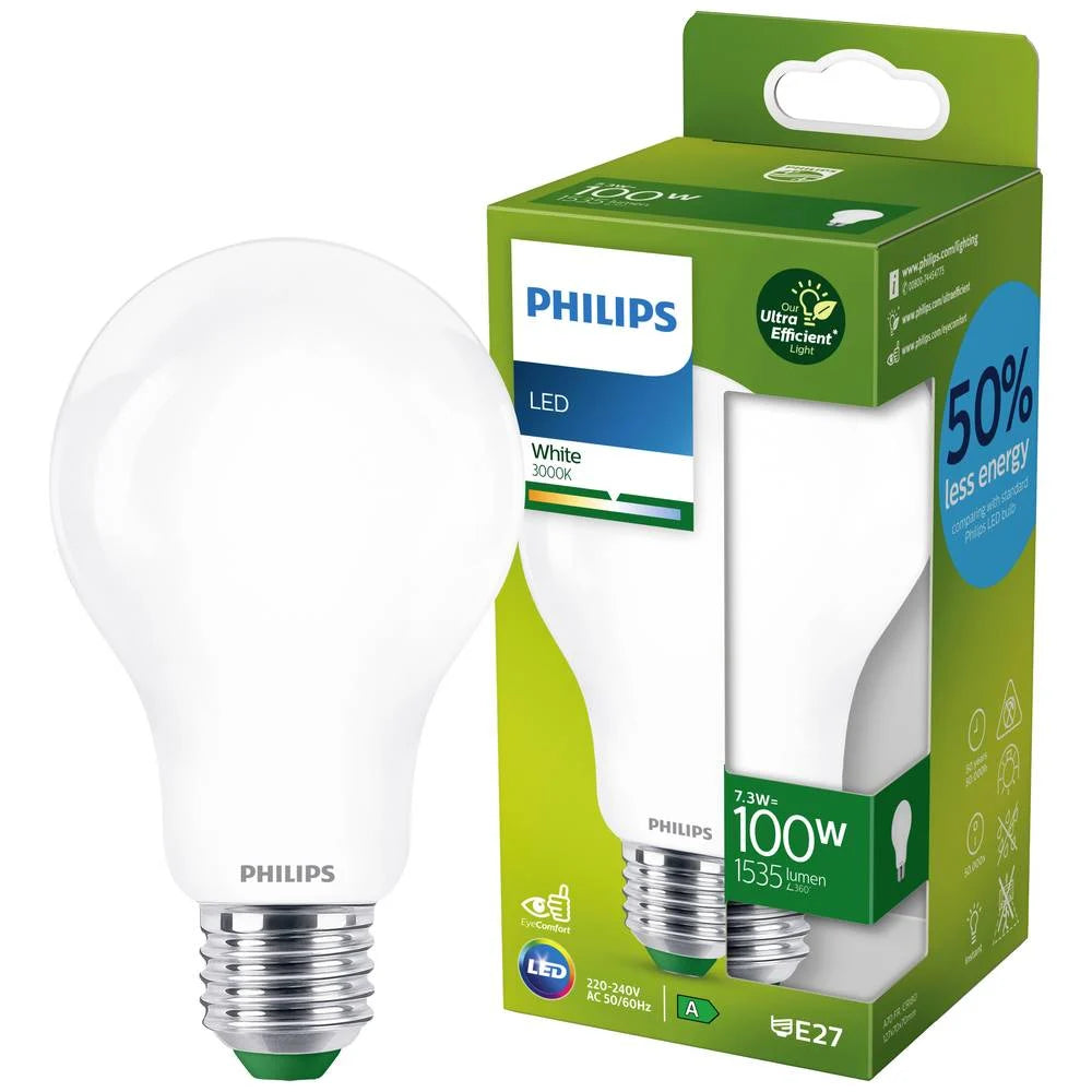 Philips LED E27 100W Equivalente, 7.3W, 1535 Lumen, Luce Bianca 3000K - Ultra Efficiente