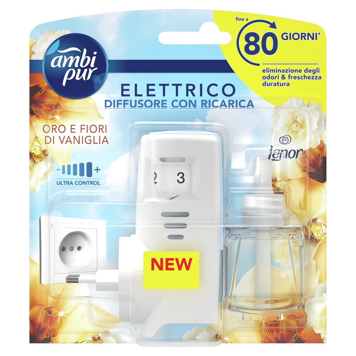 Ambipur Elettrico Diffusore + Ricarica Oro E Fiori Di Vaniglia 20 ml Durata Fino A 80 Giorni