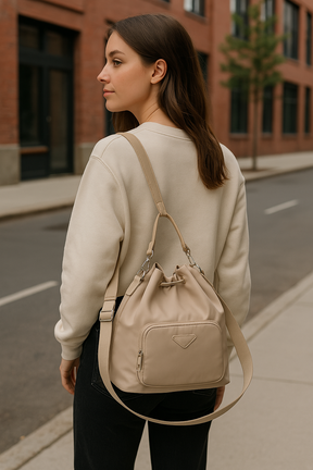 Donna giovane con maglione chiaro che tiene in mano una borsa a secchiello beige