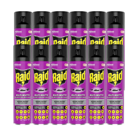 Confezione da 12 bombolette di Raid® Multi-Insetto Spray, azione rapida contro insetti volanti e striscianti.