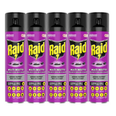 Confezione da 5 bombolette di Raid® Multi-Insetto Spray, azione rapida contro insetti volanti e striscianti.

