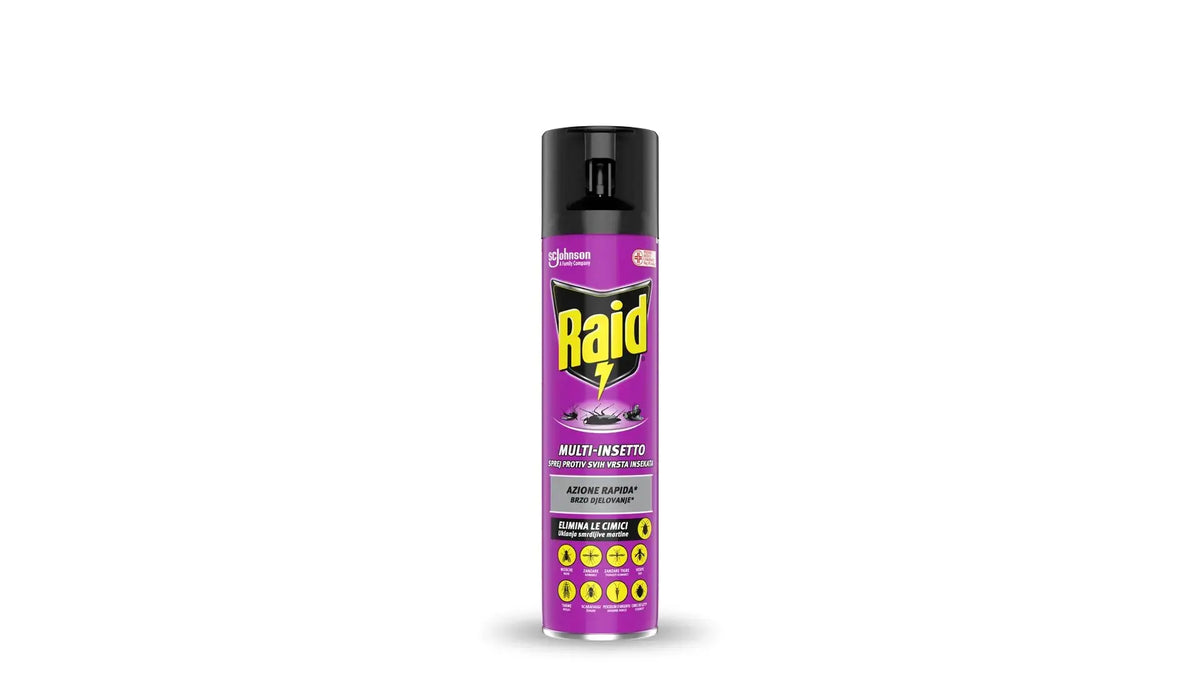 Retro della bomboletta Raid® Multi-Insetto con istruzioni d’uso, precauzioni e pittogrammi di sicurezza.

