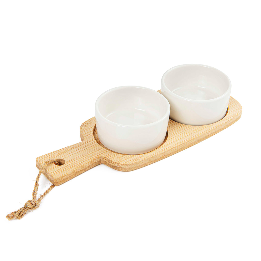 Set 2 Round ceramic bowls with bamboo tray
