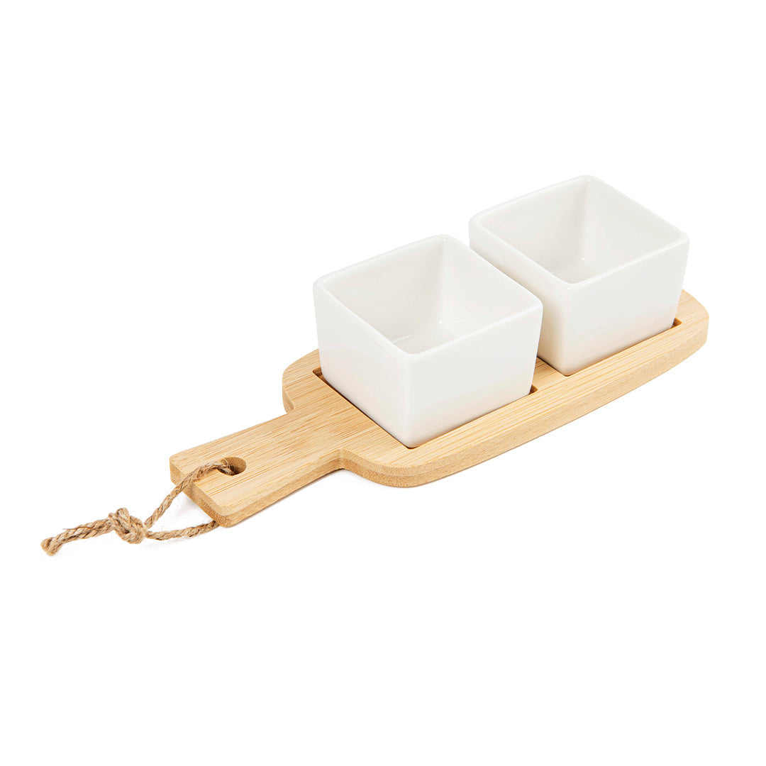 Square ceramic bowls with wooden tray