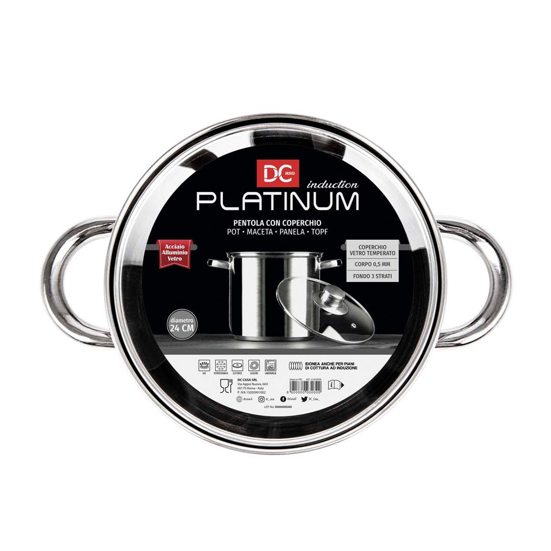 Pentola Platinum in Acciaio con Fondo a Induzione con Coperchio - Diametro 24cm