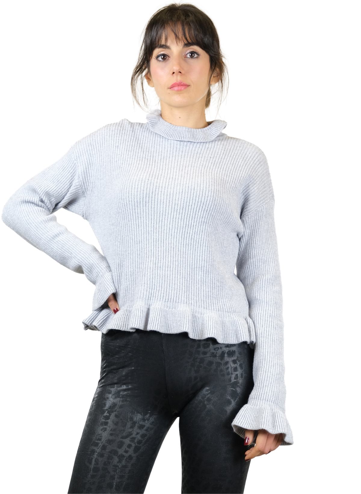 Pull côtelé à volants pour femme