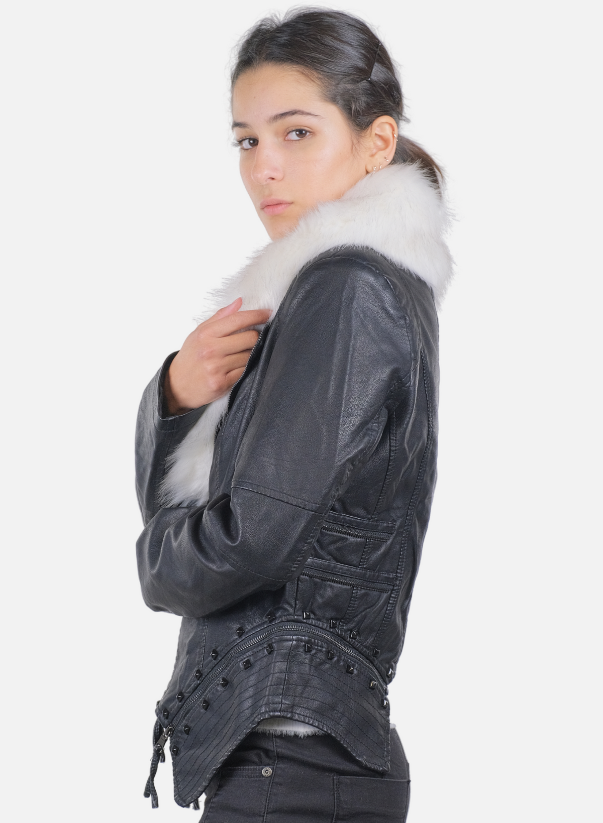 Asymmetrical jacket with synthetic fur neck