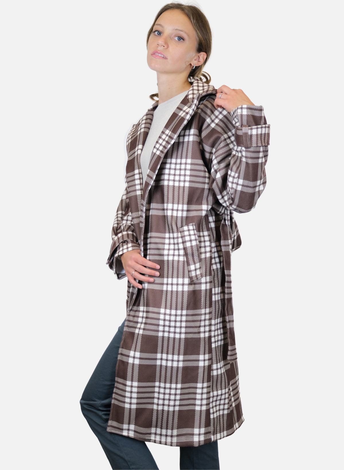Manteau cache-cœur long tartan pour femme avec ceinture 