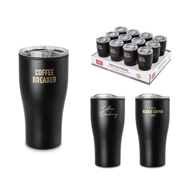 Black travel cup with assorted phrases